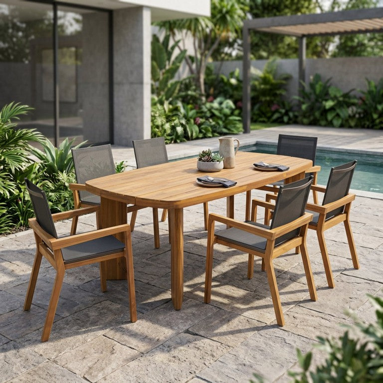 English Elm 7‑Piece Acacia Wood Outdoor Dining Set Oval Teak Table Six Mesh Arm Chairs Patio N762P506193D_632563