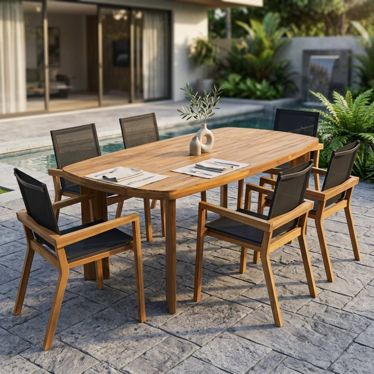 English Elm 7‑Piece Acacia Wood Outdoor Dining Set Oval Teak Table Six Mesh Arm Chairs Patio N762P506193D_632563