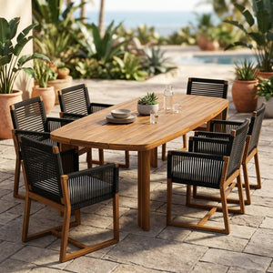 English Elm 7‑Piece Acacia Wood Outdoor Dining Set Oval Teak Table Rope Woven Arm Chairs Patio N762P506193D_N762P238694B3