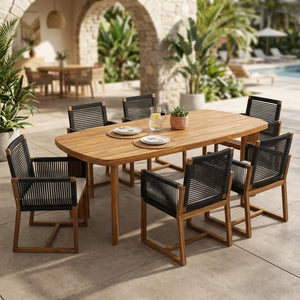 English Elm 7‑Piece Acacia Wood Outdoor Dining Set Oval Teak Table Rope Woven Arm Chairs Patio N762P506193D_N762P238694B3