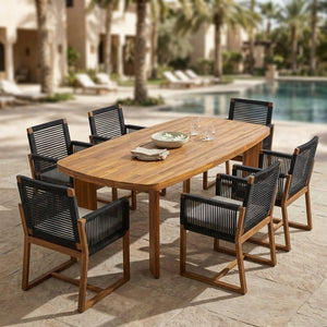 English Elm 7‑Piece Acacia Wood Outdoor Dining Set Oval Teak Table Rope Woven Arm Chairs Patio N762P506193D_N762P238694B3