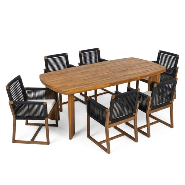 English Elm 7‑Piece Acacia Wood Outdoor Dining Set Oval Teak Table Rope Woven Arm Chairs Patio N762P506193D_N762P238694B3