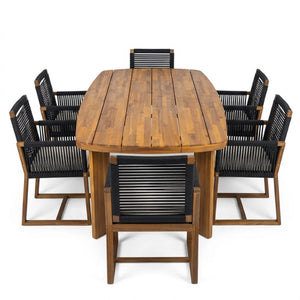English Elm 7‑Piece Acacia Wood Outdoor Dining Set Oval Teak Table Rope Woven Arm Chairs Patio N762P506193D_N762P238694B3
