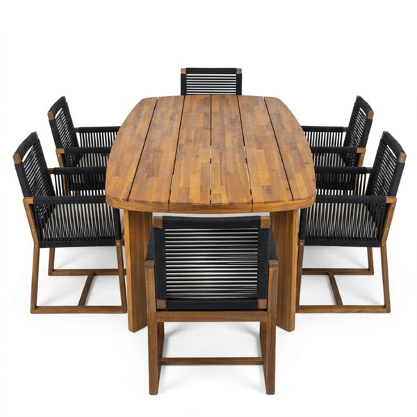English Elm 7‑Piece Acacia Wood Outdoor Dining Set Oval Teak Table Rope Woven Arm Chairs Patio N762P506193D_N762P238694B3