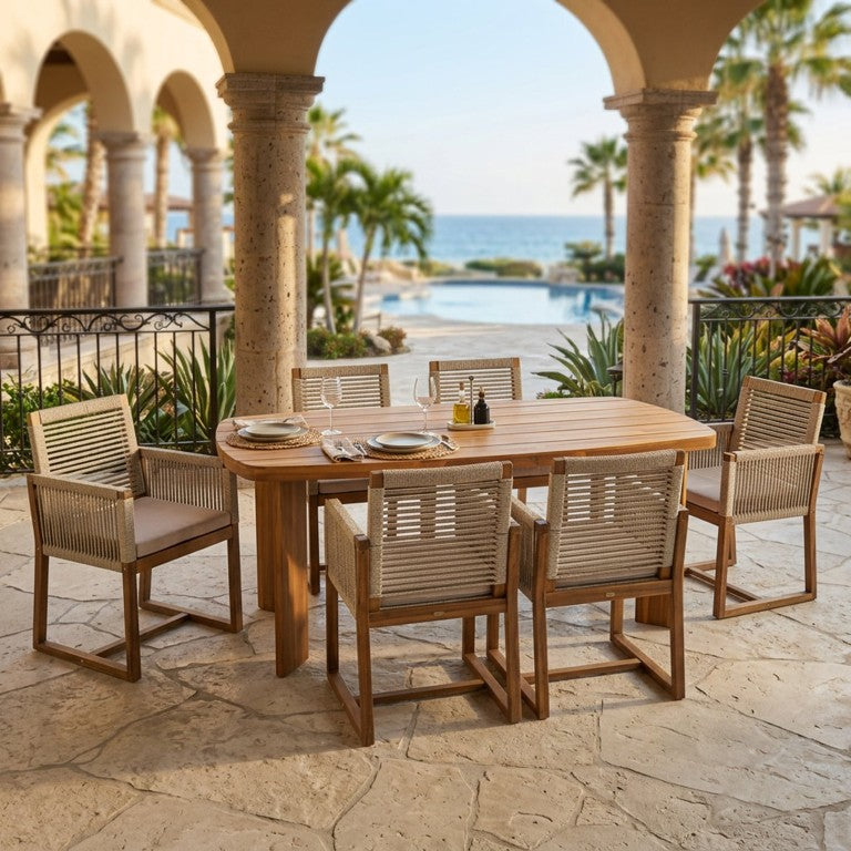 English Elm 7‑Piece Acacia Teak Oval Slat Table with Hand-Woven Rope Chairs Waterproof Patio Set N762P506193D_N762P238694D3