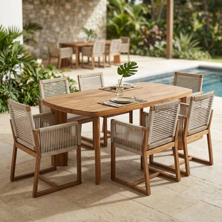 English Elm 7‑Piece Acacia Teak Oval Slat Table with Hand-Woven Rope Chairs Waterproof Patio Set N762P506193D_N762P238694D3