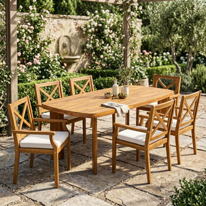 English Elm 7‑Piece Solid Acacia Teak Finish Outdoor Dining Set with X-Back Chairs and Cushioned Seats N762P506193D_N762P251938A3