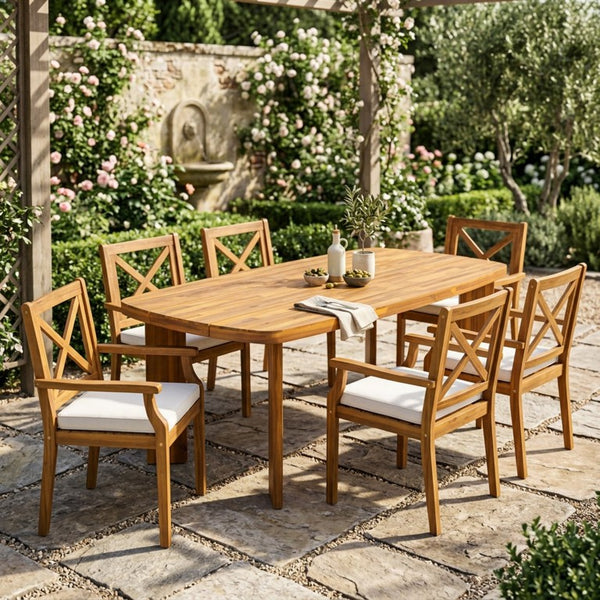 English Elm 7‑Piece Solid Acacia Teak Finish Outdoor Dining Set with X-Back Chairs and Cushioned Seats N762P506193D_N762P251938A3
