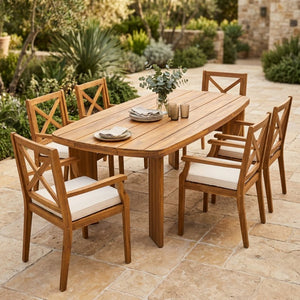 English Elm 7‑Piece Solid Acacia Teak Finish Outdoor Dining Set with X-Back Chairs and Cushioned Seats N762P506193D_N762P251938A3