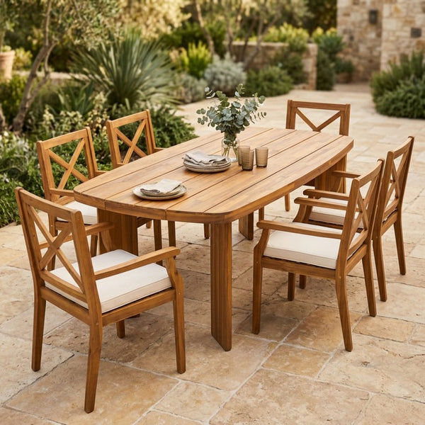 English Elm 7‑Piece Solid Acacia Teak Finish Outdoor Dining Set with X-Back Chairs and Cushioned Seats N762P506193D_N762P251938A3