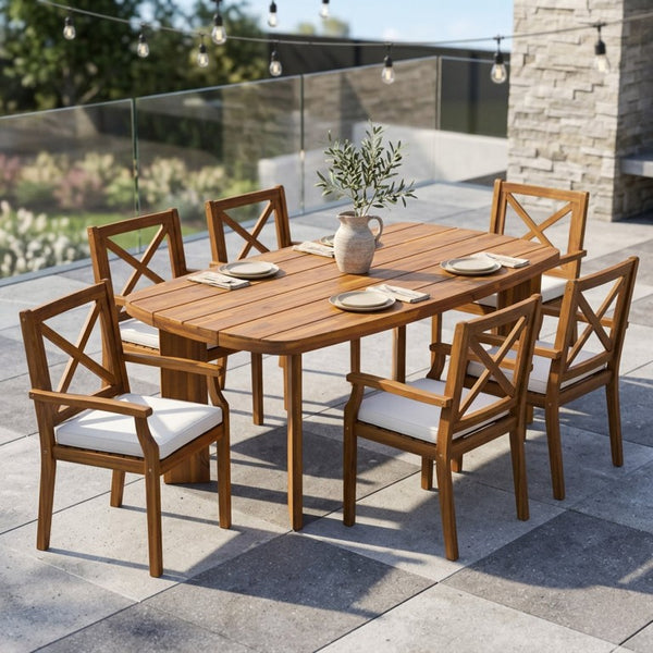 English Elm 7‑Piece Solid Acacia Teak Finish Outdoor Dining Set with X-Back Chairs and Cushioned Seats N762P506193D_N762P251938A3