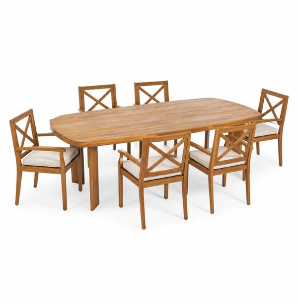 English Elm 7‑Piece Solid Acacia Teak Finish Outdoor Dining Set with X-Back Chairs and Cushioned Seats N762P506193D_N762P251938A3