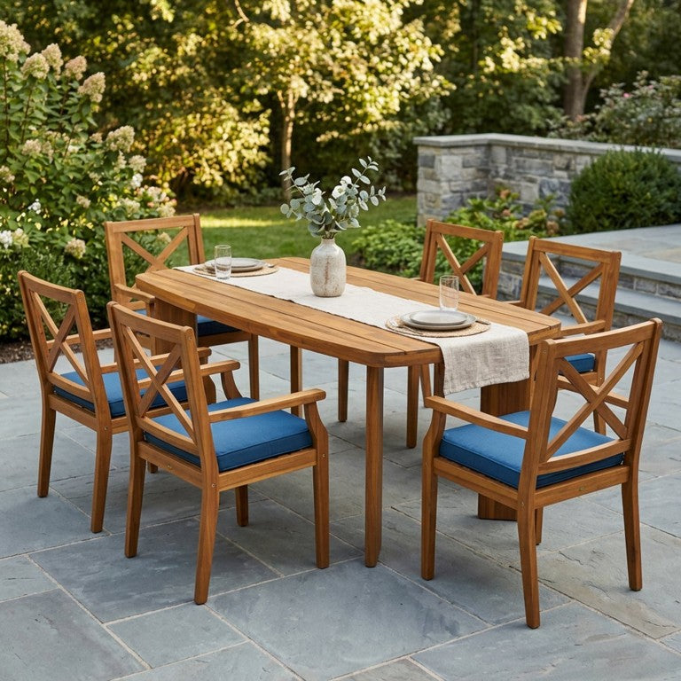 English Elm 7‑Piece Solid Acacia Outdoor Dining Set Oval Slatted Table Six X-Back Chairs Teak Finish N762P506193D_N762P251938C3