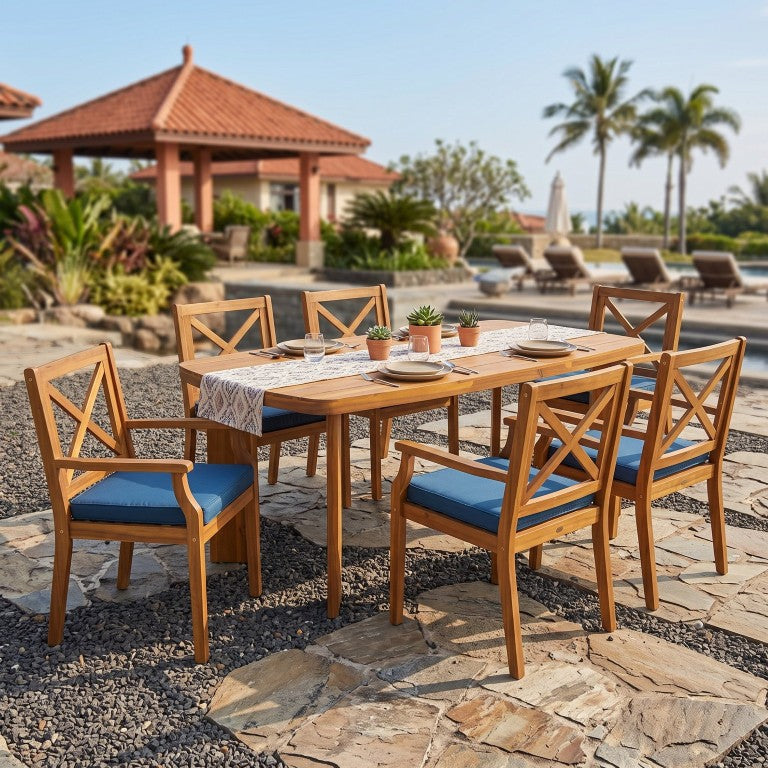 English Elm 7‑Piece Solid Acacia Outdoor Dining Set Oval Slatted Table Six X-Back Chairs Teak Finish N762P506193D_N762P251938C3