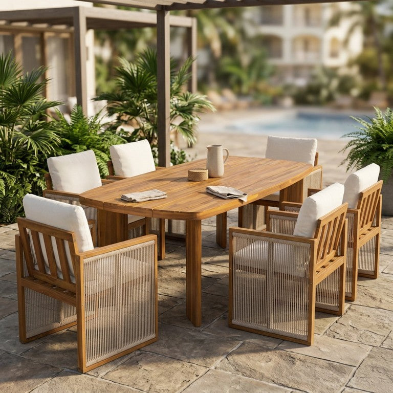 English Elm 7‑Piece Outdoor Acacia Wood Dining Set with Oval Table and Rope Woven Arm Chairs Cream, Teak + Beige N762P506193D_N762P371719A3