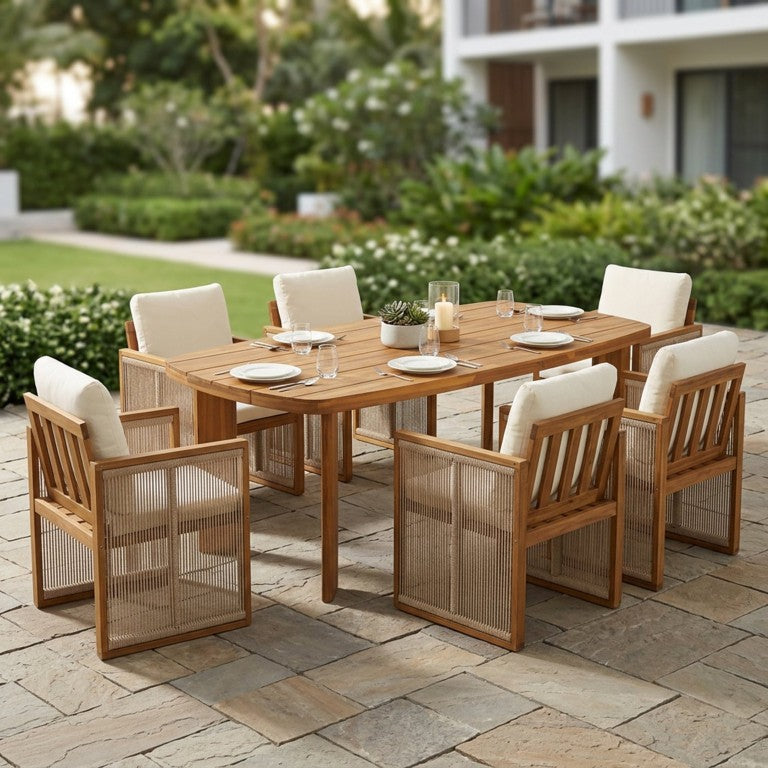 English Elm 7‑Piece Outdoor Acacia Wood Dining Set with Oval Table and Rope Woven Arm Chairs Cream, Teak + Beige N762P506193D_N762P371719A3