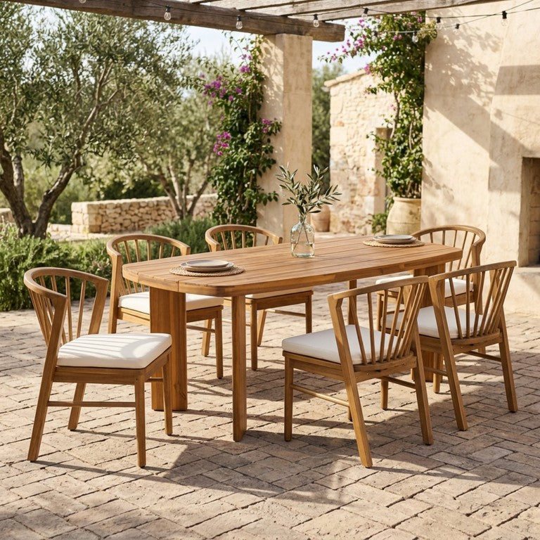 English Elm 7‑Piece Acacia Wood Outdoor Dining Set Teak Finish Table Windsor Spindle Chairs Patio N762P506193D_N762P389932A3