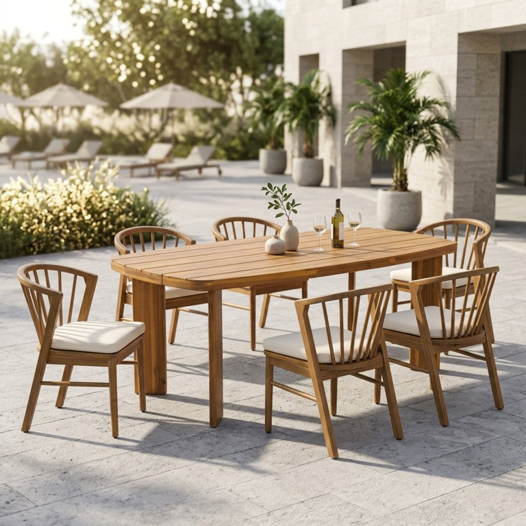 English Elm 7‑Piece Acacia Wood Outdoor Dining Set Teak Finish Table Windsor Spindle Chairs Patio N762P506193D_N762P389932A3