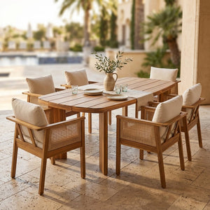 English Elm 7‑Piece Acacia Wood Outdoor Dining Set Oval Teak Table Wicker Arm Chairs Patio N762P506193D_N762P403831T3