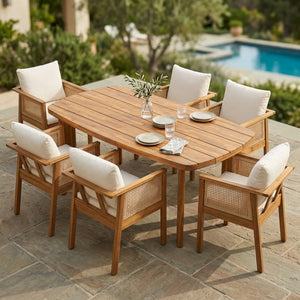 English Elm 7‑Piece Acacia Wood Outdoor Dining Set Oval Teak Table Wicker Arm Chairs Patio N762P506193D_N762P403831T3