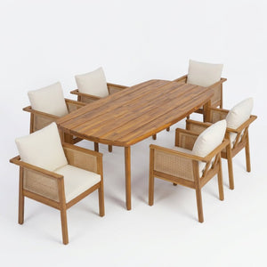 English Elm 7‑Piece Acacia Wood Outdoor Dining Set Oval Teak Table Wicker Arm Chairs Patio N762P506193D_N762P403831T3