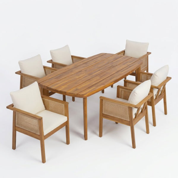 English Elm 7‑Piece Acacia Wood Outdoor Dining Set Oval Teak Table Wicker Arm Chairs Patio N762P506193D_N762P403831T3