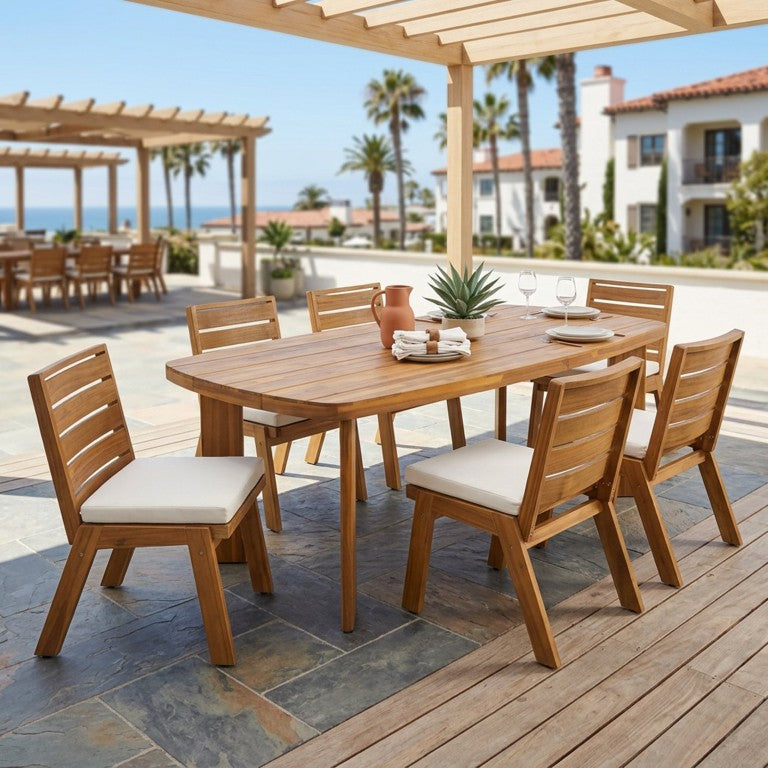 English Elm 7‑Piece Acacia Wood Outdoor Dining Set Oval Table Six Cushioned Armless Chairs Teak Finish N762P506193D_N762P455540D3