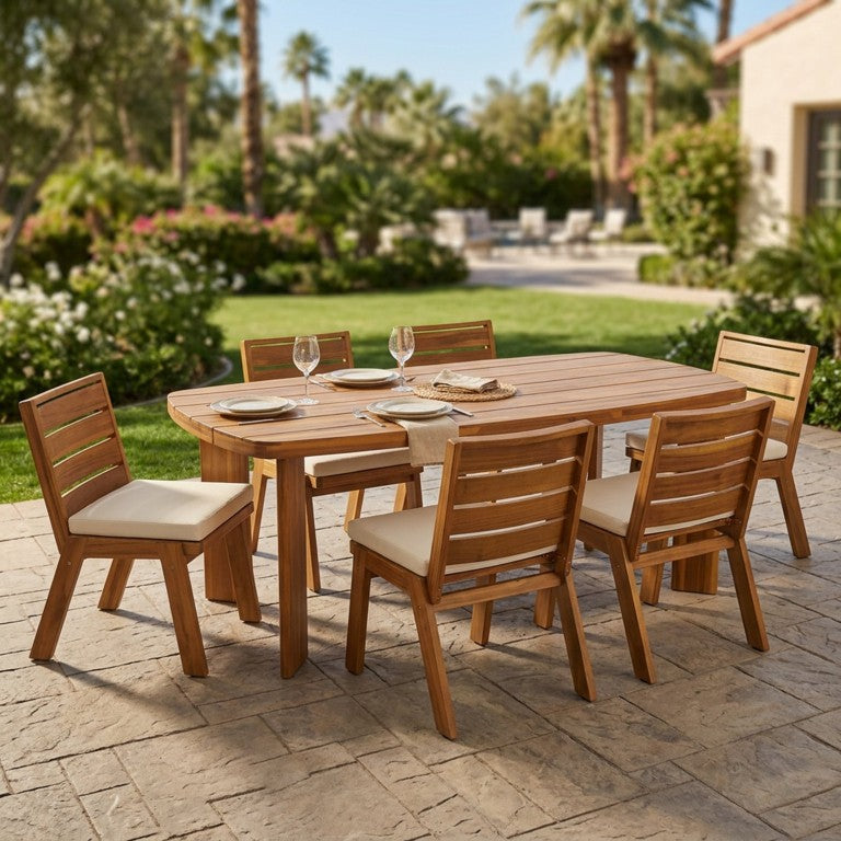 English Elm 7‑Piece Acacia Wood Outdoor Dining Set Oval Table Six Cushioned Armless Chairs Teak Finish N762P506193D_N762P455540D3