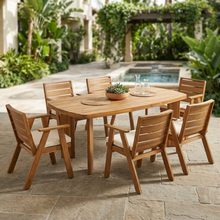 English Elm 7‑Piece Solid Acacia Outdoor Dining Set Oval Slatted Table Six Armchairs Teak Finish N762P506193D_N762P455581D3