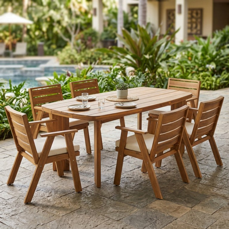 English Elm 7‑Piece Solid Acacia Outdoor Dining Set Oval Slatted Table Six Armchairs Teak Finish N762P506193D_N762P455581D3