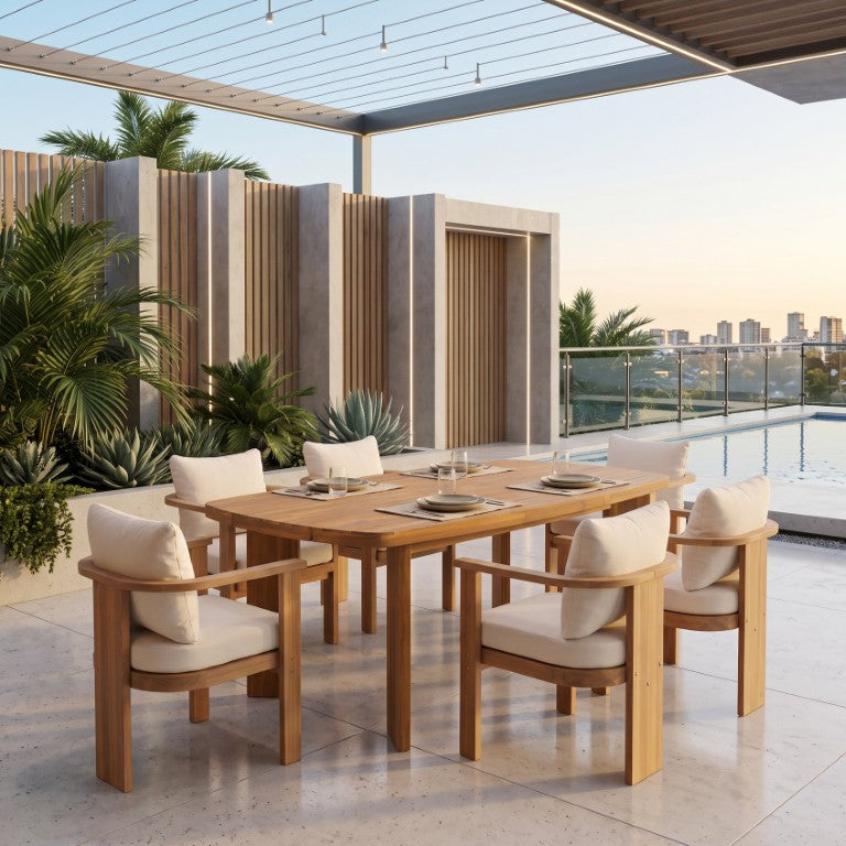 English Elm 7‑Piece Acacia Outdoor Dining Set Oval Teak Table Six Cushioned Arm Chairs Patio N762P506193D_N762P506092A3