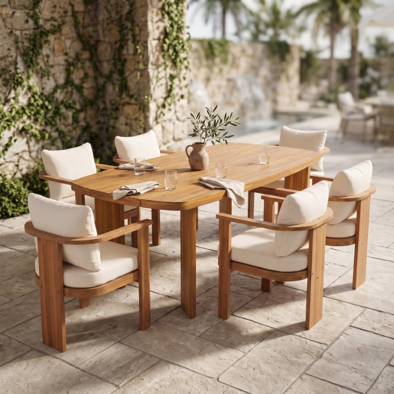 English Elm 7‑Piece Acacia Outdoor Dining Set Oval Teak Table Six Cushioned Arm Chairs Patio N762P506193D_N762P506092A3