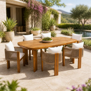 English Elm 7‑Piece Acacia Outdoor Dining Set Teak Oval Table Woven Rope Chairs Cushioned N762P506193D_N762P506194D3