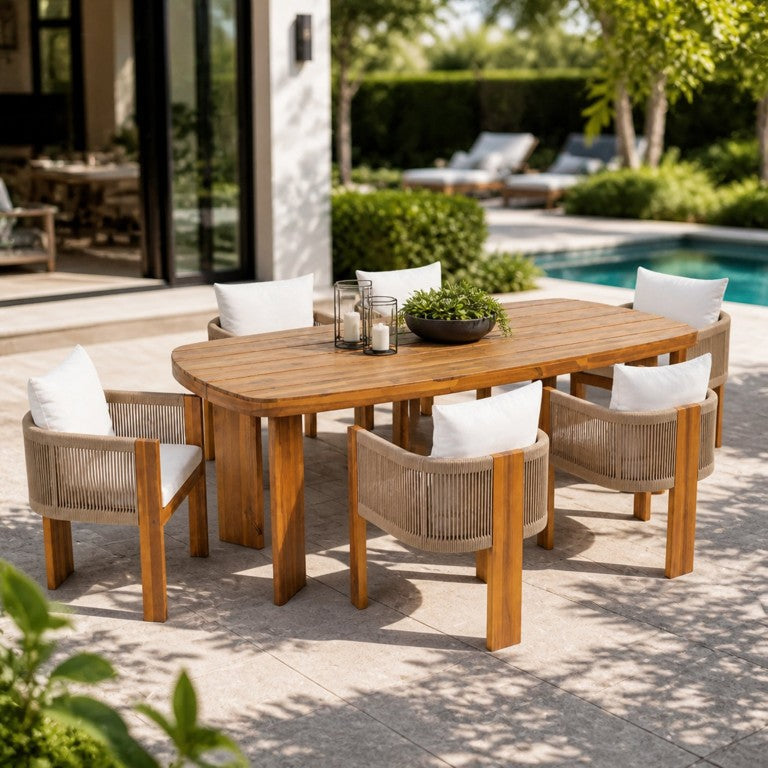 English Elm 7‑Piece Acacia Outdoor Dining Set Teak Oval Table Woven Rope Chairs Cushioned N762P506193D_N762P506194D3