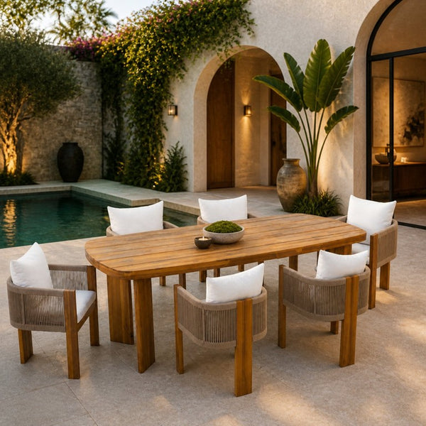 English Elm 7‑Piece Acacia Outdoor Dining Set Teak Oval Table Woven Rope Chairs Cushioned N762P506193D_N762P506194D3