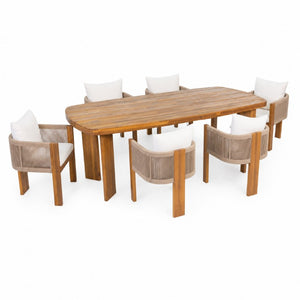 English Elm 7‑Piece Acacia Outdoor Dining Set Teak Oval Table Woven Rope Chairs Cushioned N762P506193D_N762P506194D3