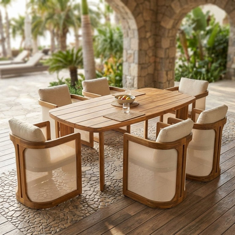 English Elm 7‑Piece Acacia Wood Outdoor Dining Set Oval Teak Table Six Armchairs Cushioned Patio N762P506193D_N762P522750T3