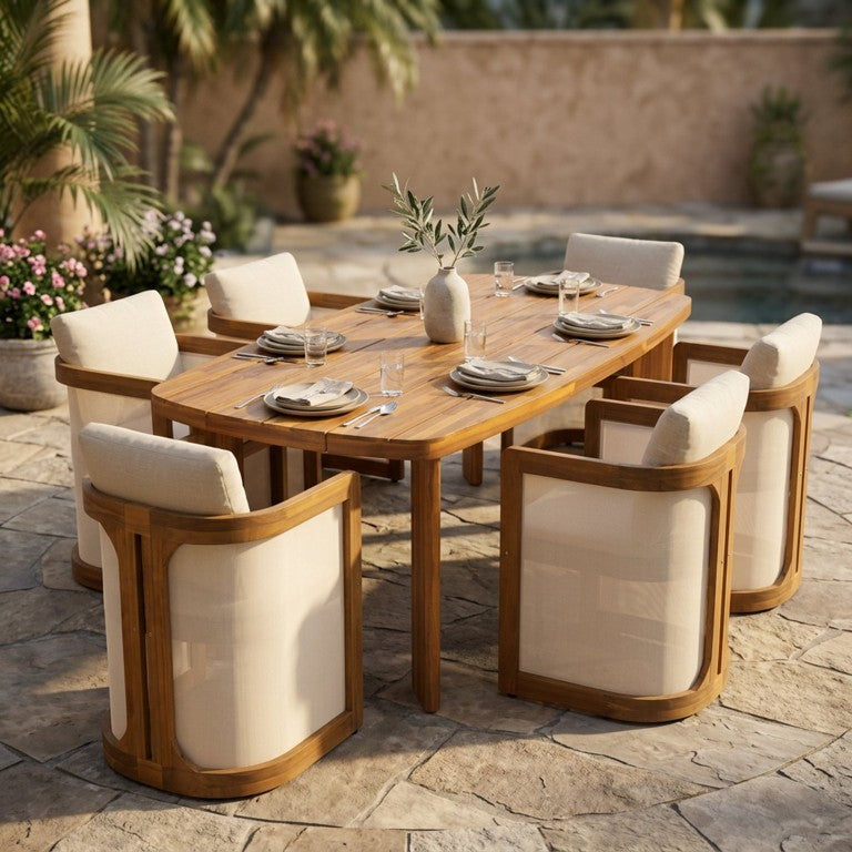 English Elm 7‑Piece Acacia Wood Outdoor Dining Set Oval Teak Table Six Armchairs Cushioned Patio N762P506193D_N762P522750T3