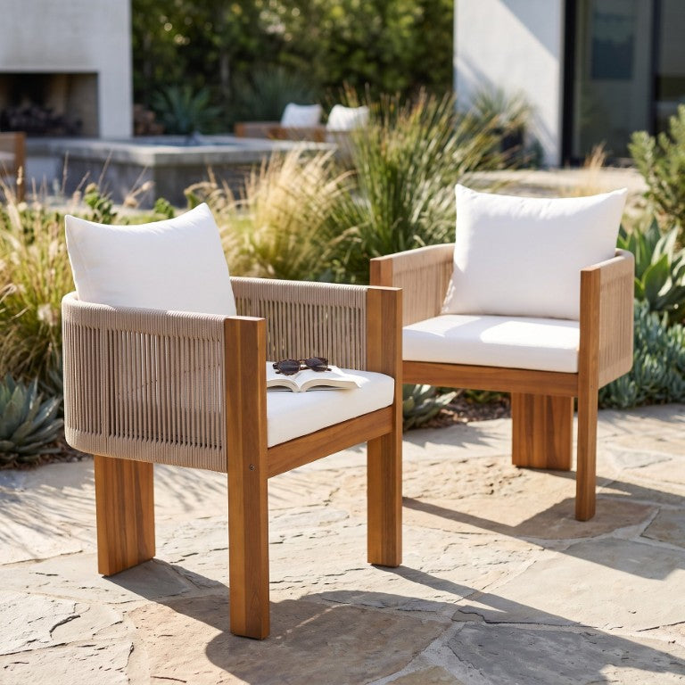English Elm 2‑Pack Outdoor Acacia Wood Armchairs with Rope Weave Teak Finish and Cushioned Patio Seating N762P506194D