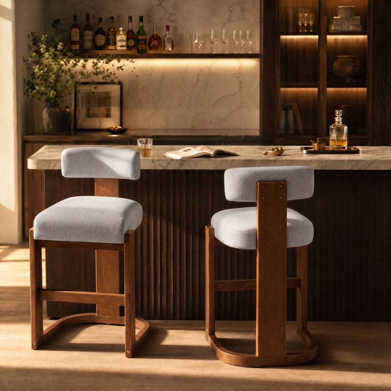 English Elm 2 Rubberwood Cantilever Barstools with Linen Padded Seats for Kitchen Island Use N762P506607P