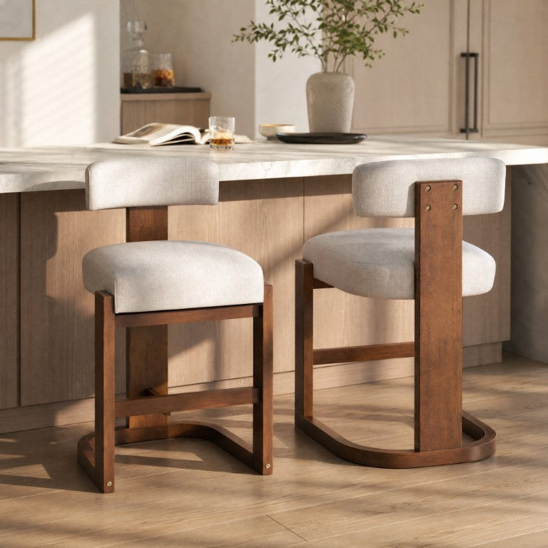 English Elm 2 Rubberwood Cantilever Barstools with Linen Padded Seats for Kitchen Island Use N762P506607P