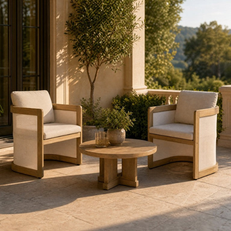 English Elm Set of 2 Acacia Wood Outdoor Dining Armchairs with Breathable Textilene and Cushions Natural N762P522750N