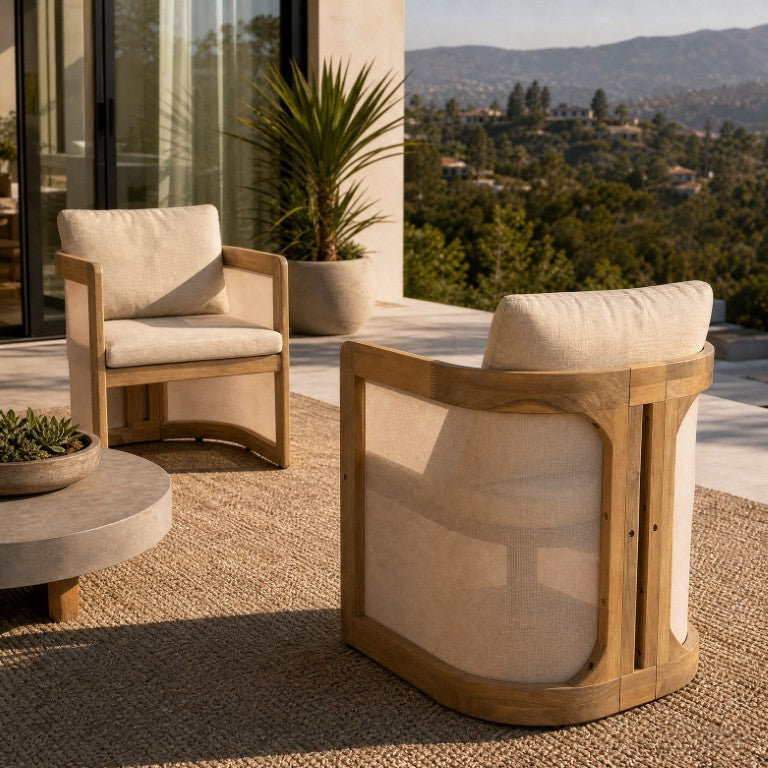 English Elm Set of 2 Acacia Wood Outdoor Dining Armchairs with Breathable Textilene and Cushions Natural N762P522750N