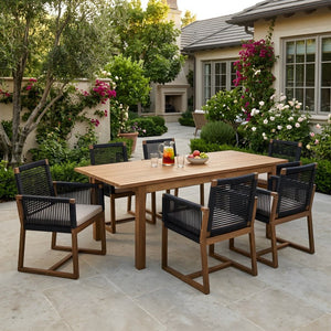 English Elm 7 Piece Solid Acacia Extendable Outdoor Dining Set with Handwoven Rope Chairs Teak Finish Teak - A N762S000001B
