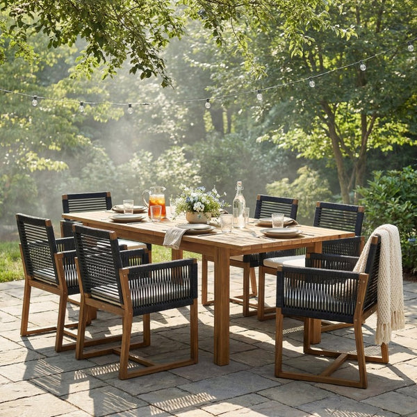 English Elm 7 Piece Solid Acacia Extendable Outdoor Dining Set with Handwoven Rope Chairs Teak Finish Teak - A N762S000001B