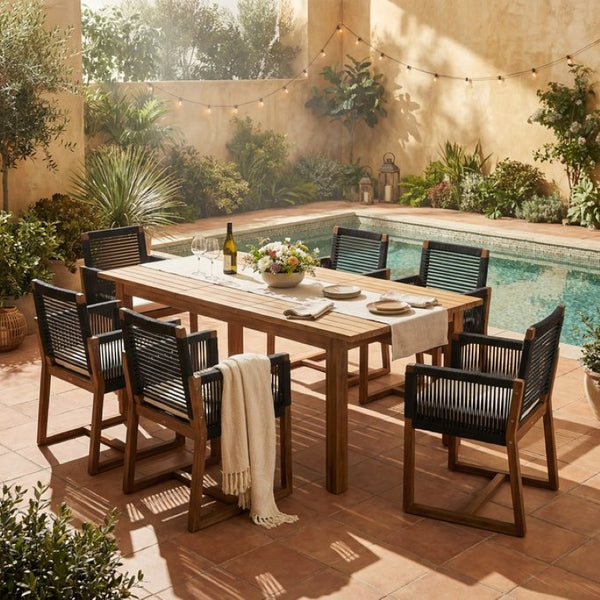 English Elm 7 Piece Solid Acacia Extendable Outdoor Dining Set with Handwoven Rope Chairs Teak Finish Teak - A N762S000001B