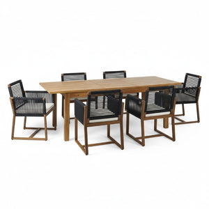 English Elm 7 Piece Solid Acacia Extendable Outdoor Dining Set with Handwoven Rope Chairs Teak Finish Teak - A N762S000001B