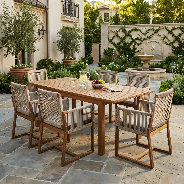 English Elm 7 Piece Outdoor Acacia Dining Set with Woven Rope Chairs and Extendable Teak Table N762S000001D