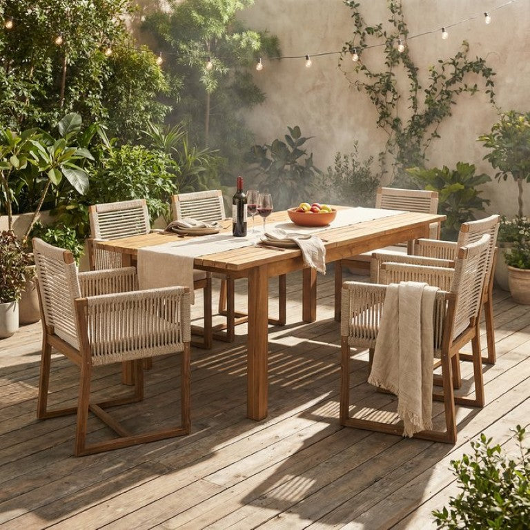 English Elm 7 Piece Outdoor Acacia Dining Set with Woven Rope Chairs and Extendable Teak Table N762S000001D