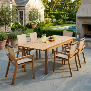 English Elm 7 Piece Solid Acacia Outdoor Dining Set Extendable Table Six Armchairs Teak Tone N762S000003A